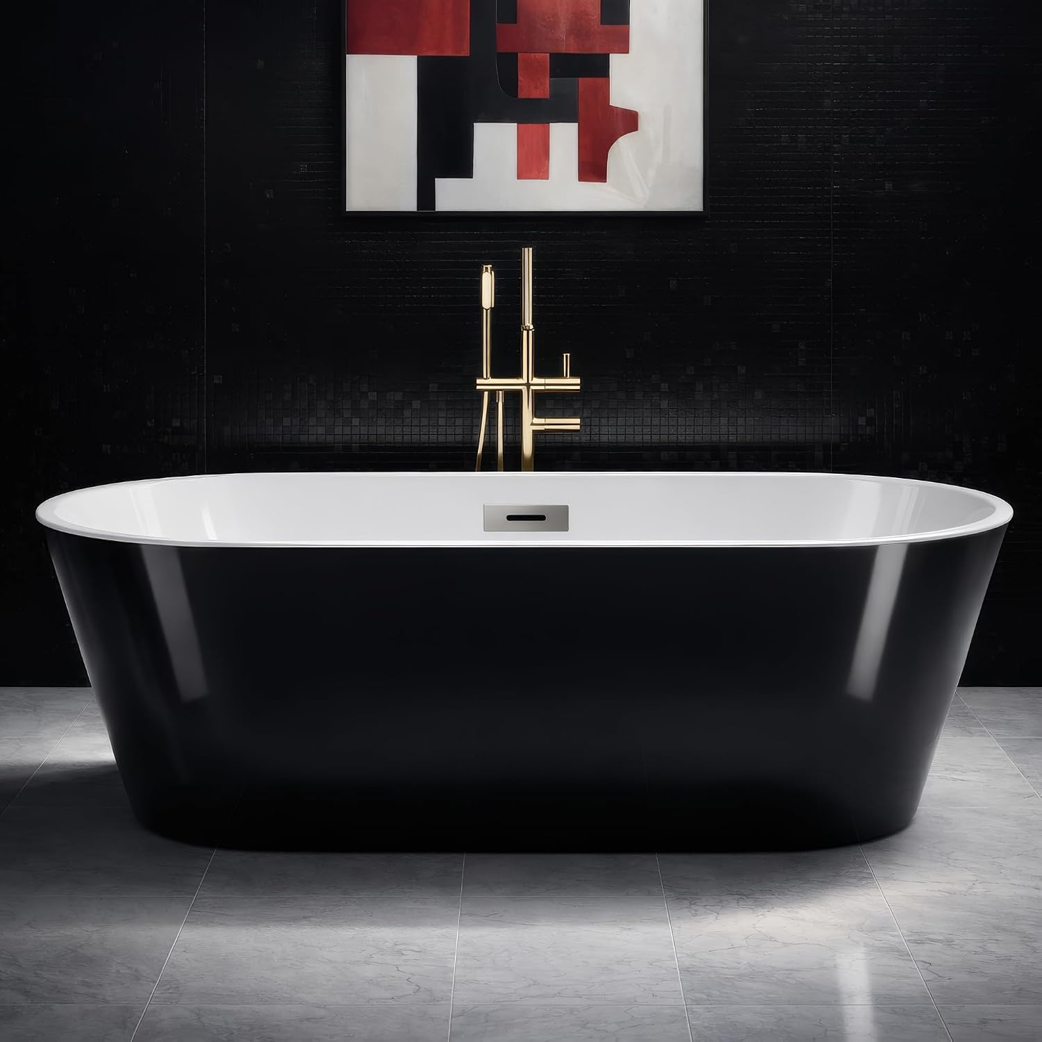 59' Free Standing Tub, Acrylic Soaking Bathtub, Stand Alone Freestanding Tub with Matte Sliver Drain and Overflow, Contemporary Bathtub for Bathroom, Black