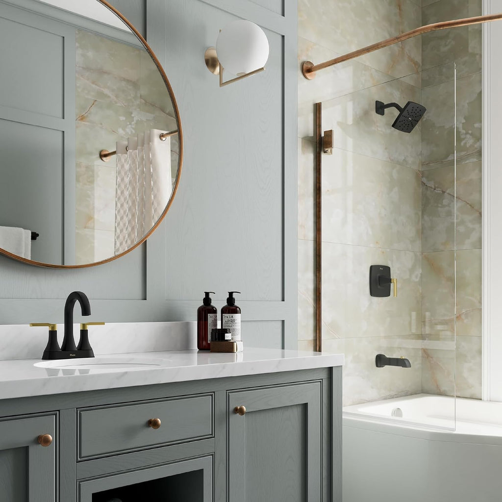 Pfister Vaneri Tub and Shower Faucet Set with Valve and Cartridge Included, 1-Handle Rain Shower Head with Tub Spout, Matte Black and Brushed Gold Finish, Model 8P8WS2VRISBBG