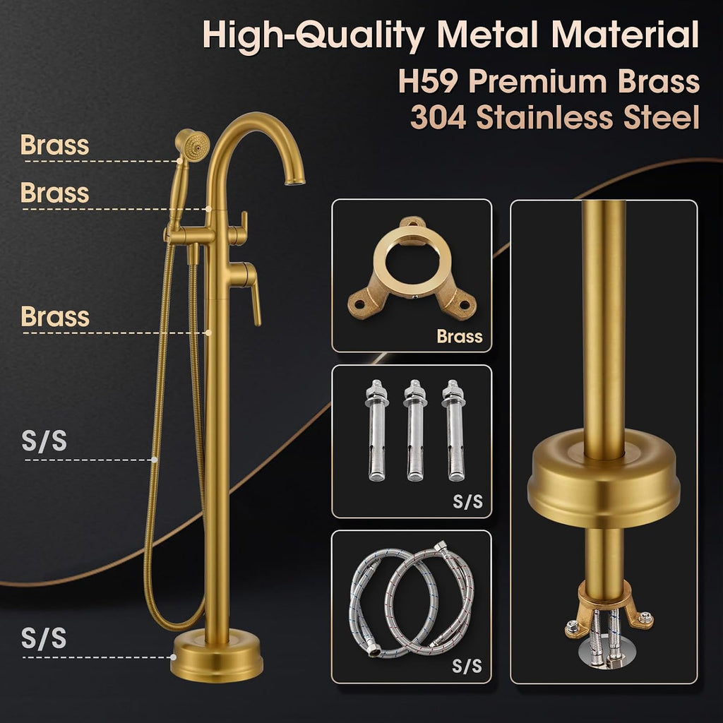 Free Standing Tub Faucet, Wintap Brass Antique Freestanding Bathtub Filler with Handheld Sprayer Max 6.6GPM/60PSI Classic Brushed Gold WT-9811BG