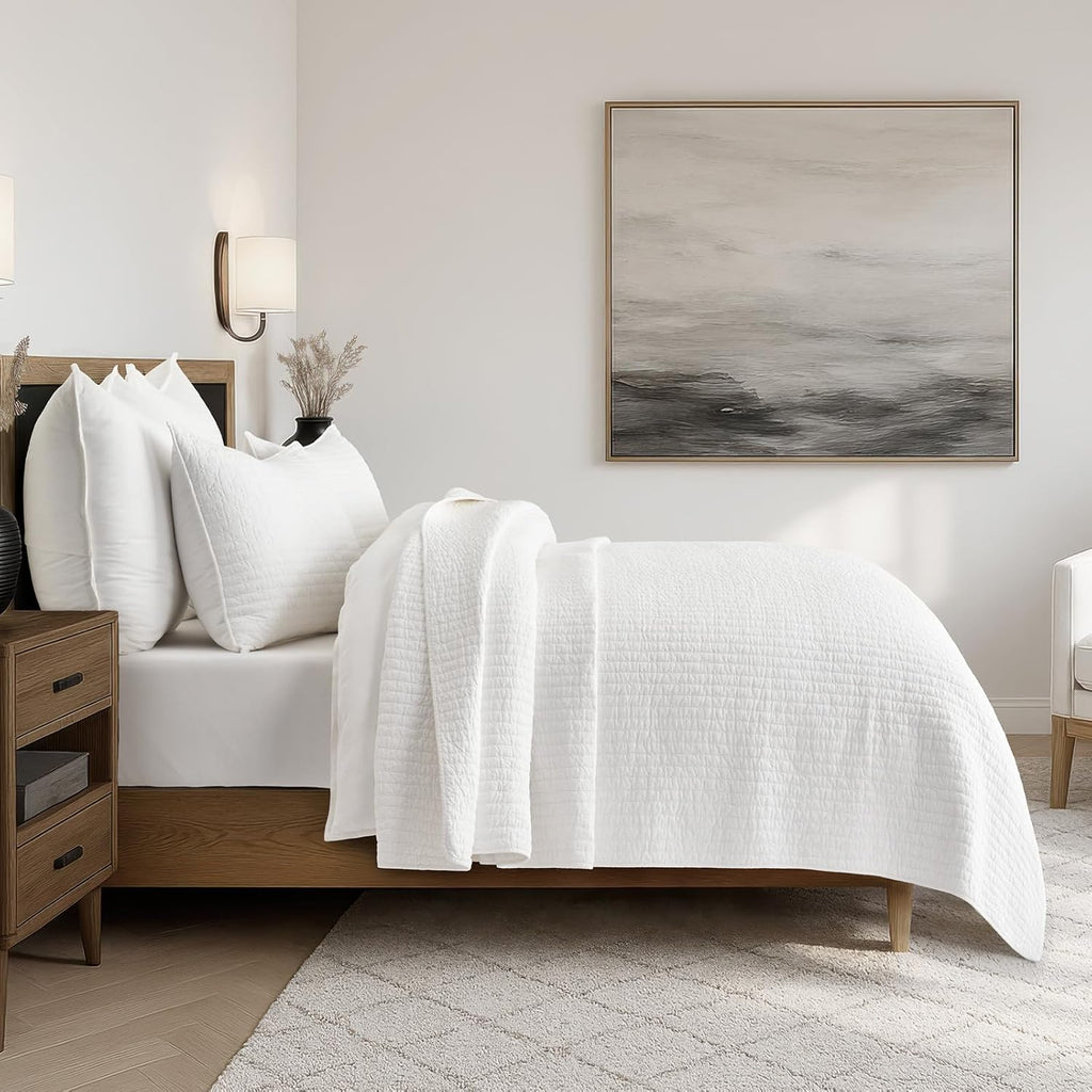 EVERGRACEHOME Cross Stitch Pre-Washed Cotton Quilt Bedding Set Queen Size, Oversized 3 Pieces Lightweight Bedspread Coverlet for All Season, with 2 Matching Shams, Bright White, 92'x96'