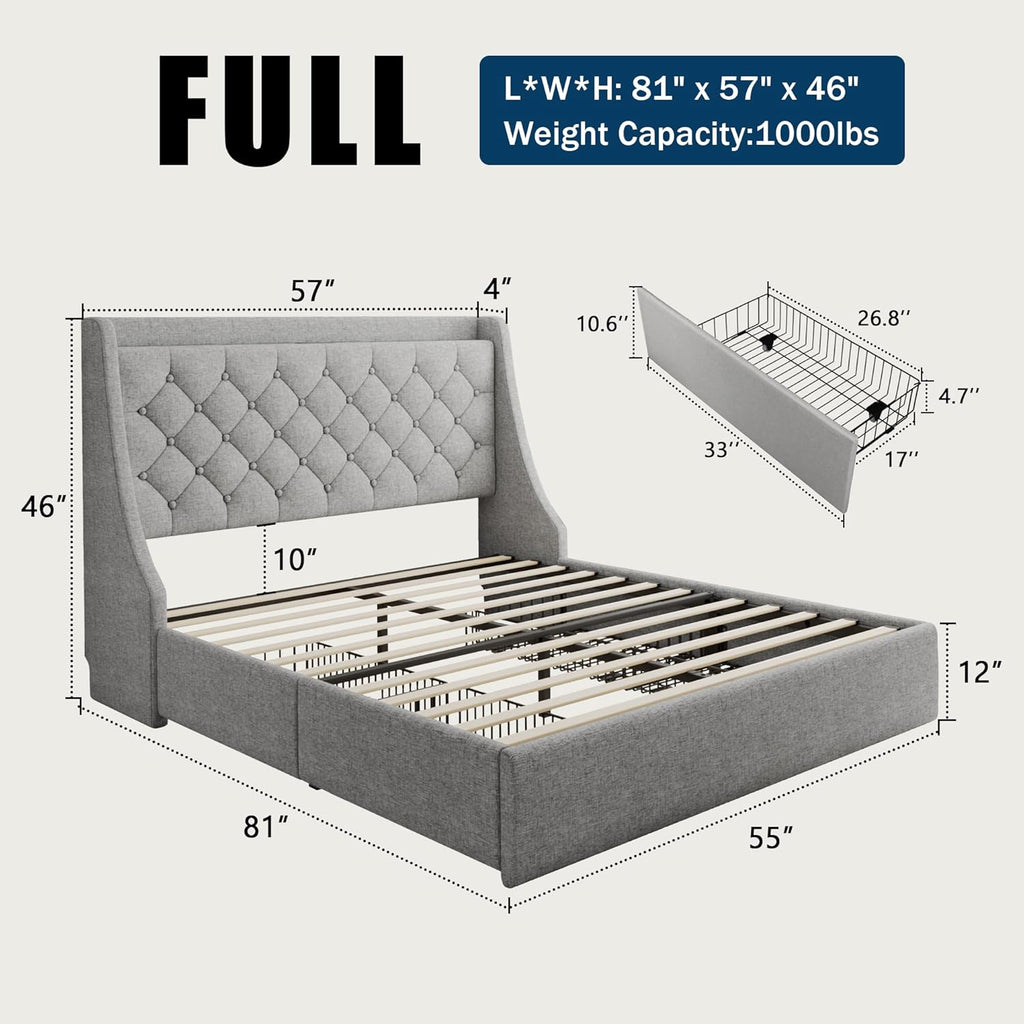 GalnFu Full Size Bed Frame with 4 Storage Drawers, Giant Upholstered Wingback Headboard, Fast Charging Station, No Box Spring Needed, Noise-Free, Light Gray