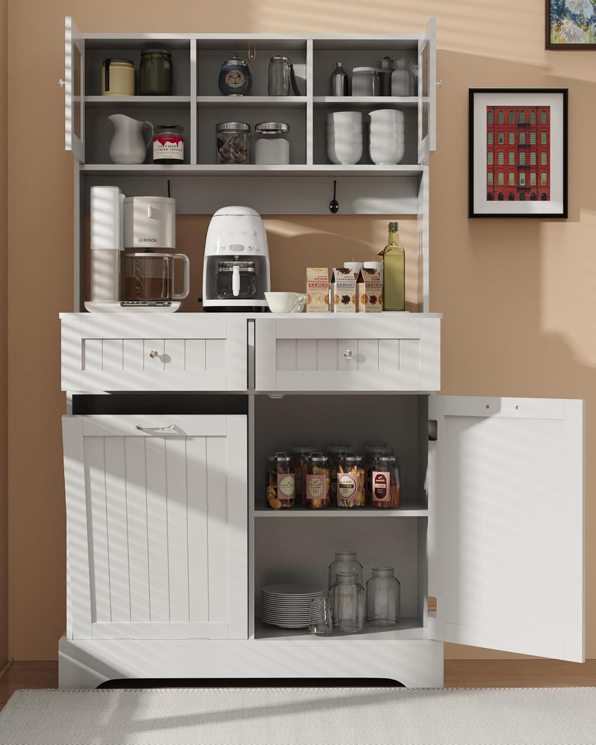 Tilt Out Trash Cabinet,Storage Cabinet,Two Solid Wood Hideaway Trash Holder Drawers,Wooden Freestanding Recycling Cabinets,Trash Can for Kitchen,White