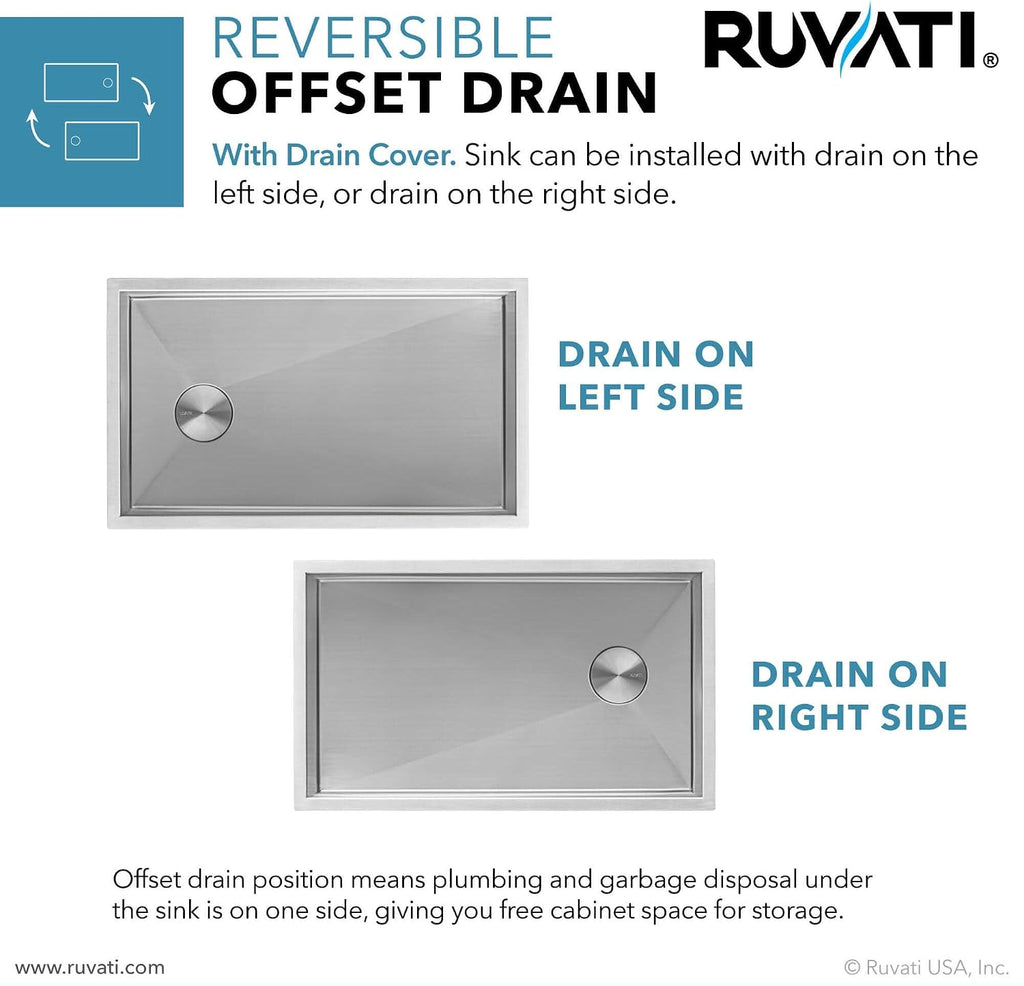Ruvati 30-inch Rounded Corners Slope Bottom Offset Drain Undermount Kitchen Sink Single Bowl - 16 Gauge Stainless Steel Kitchen Sink with Brushed Finish hides scratches, Easy-to-Clean - RVH7480