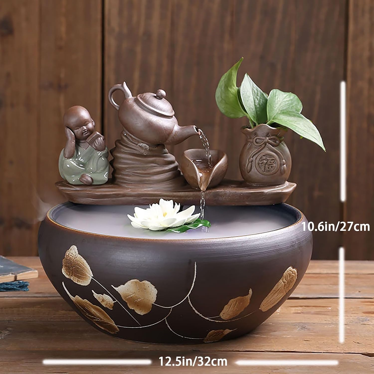 Tabletop Water Fountain, Mist Humidifier, Chinese Ceramic Desk Decor, Porcelain Indoor Feature for Living Room Office(E)