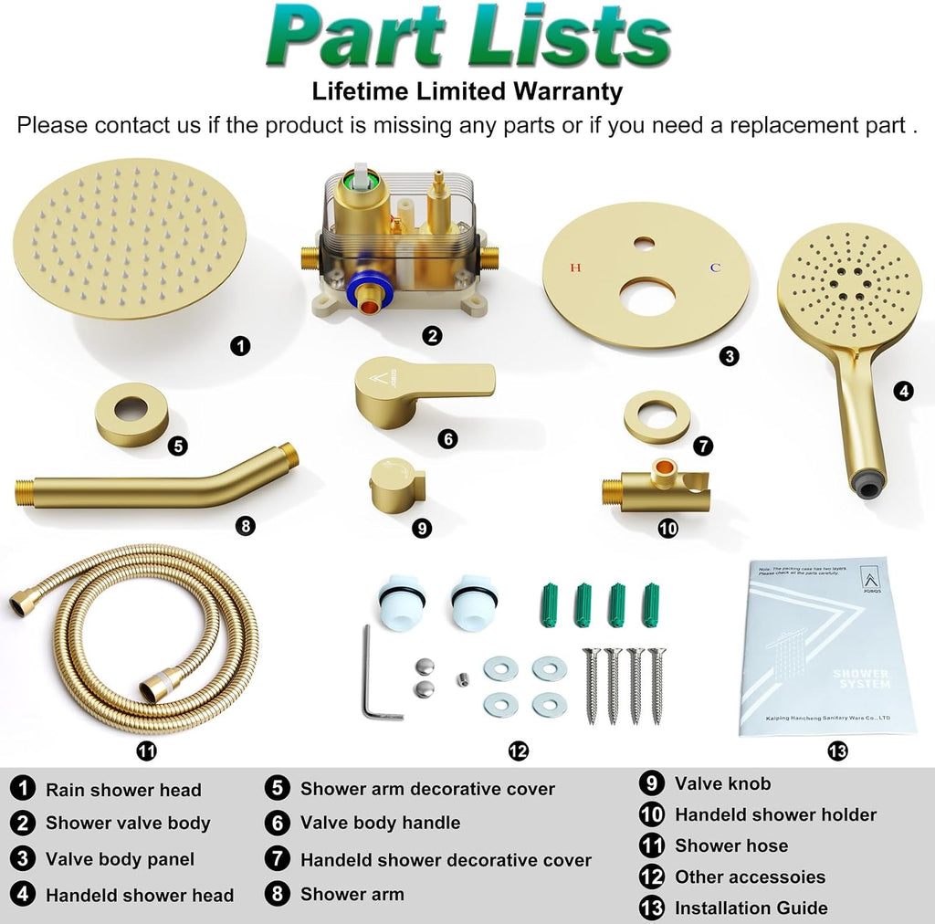 Shower Faucet Set Brass 8IN Rough-In Valve Body Trim Kit Rainfall Included Handle Accessories Complete 2 Functions with Rain Head and Handheld Bathroom Systems (8'', Brushed Gold)
