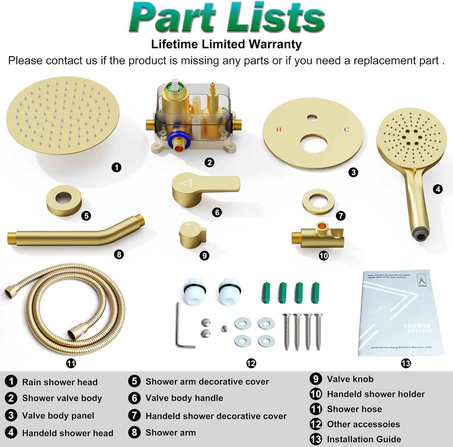 Shower Faucet Set Brass 8IN Rough-In Valve Body Trim Kit Rainfall Included Handle Accessories Complete 2 Functions with Rain Head and Handheld Bathroom Systems (8'', Brushed Gold)