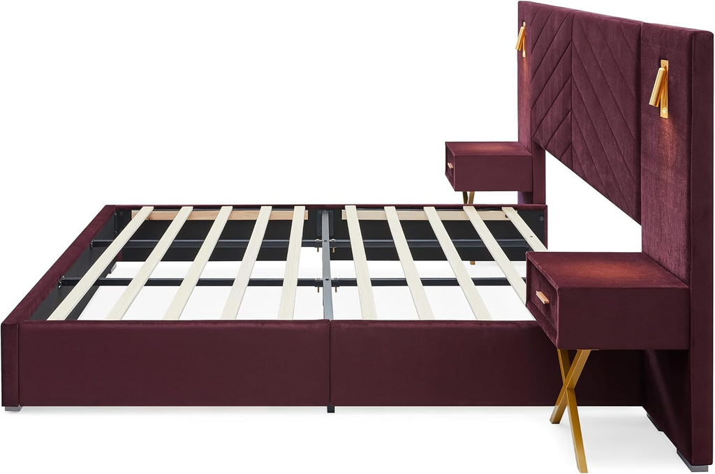 Luxurious Queen Platform Bed Frame, Velvet Upholstered Headboard with 2 Built-in Wall Sconces & Nightstands, Sturdy Metal & Solid Wood Frame, Squeak-Free, No Box Spring Needed, Burgundy Red