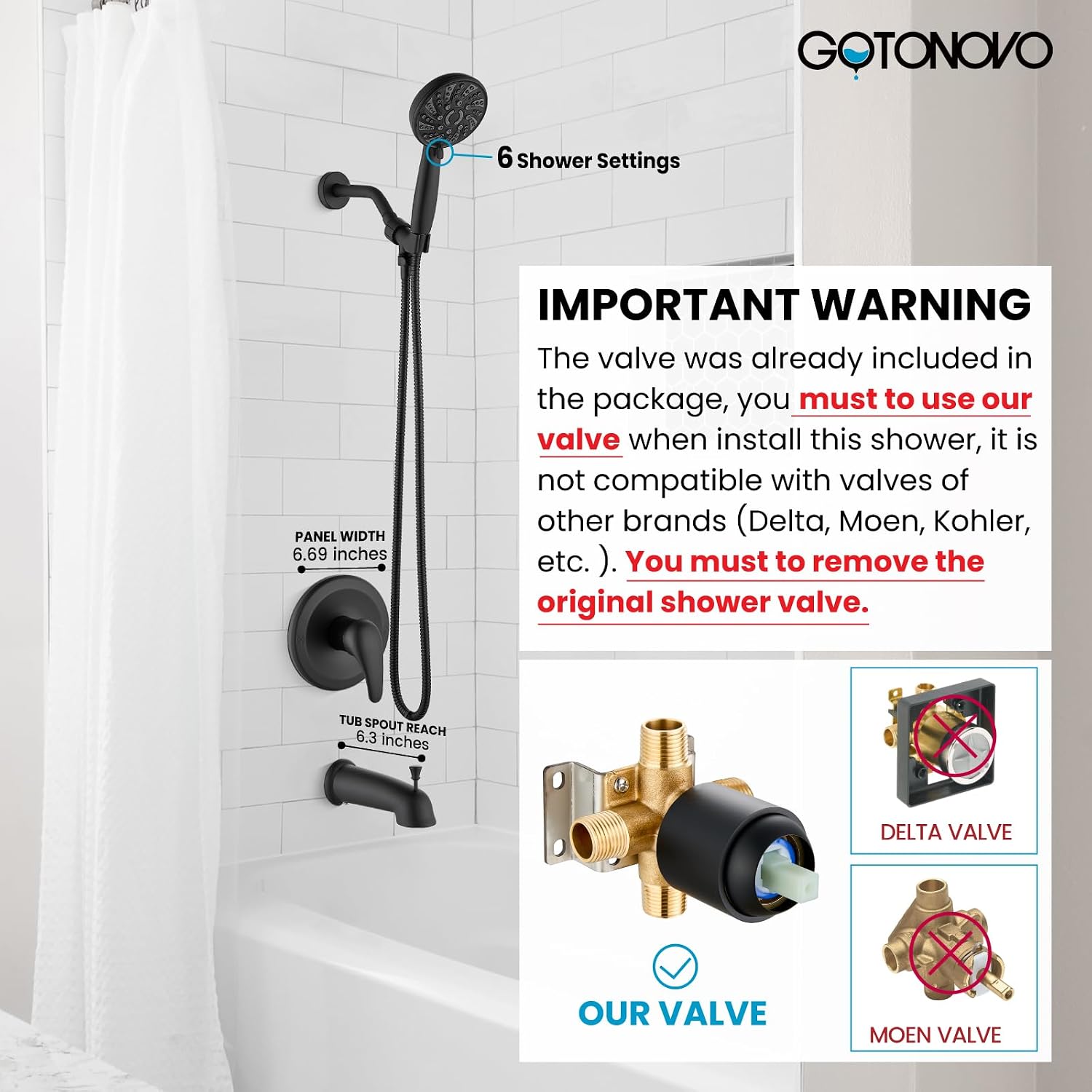 gotonovo Bathroom Shower Head Kit High Pressure Combo 6 Modes ABS Handheld Spray Valve Included with gotonovo 4 Inch Centerset Waterfall Sink Faucet Deck Mount 2 Handle Pop Up Drain Matte Blac