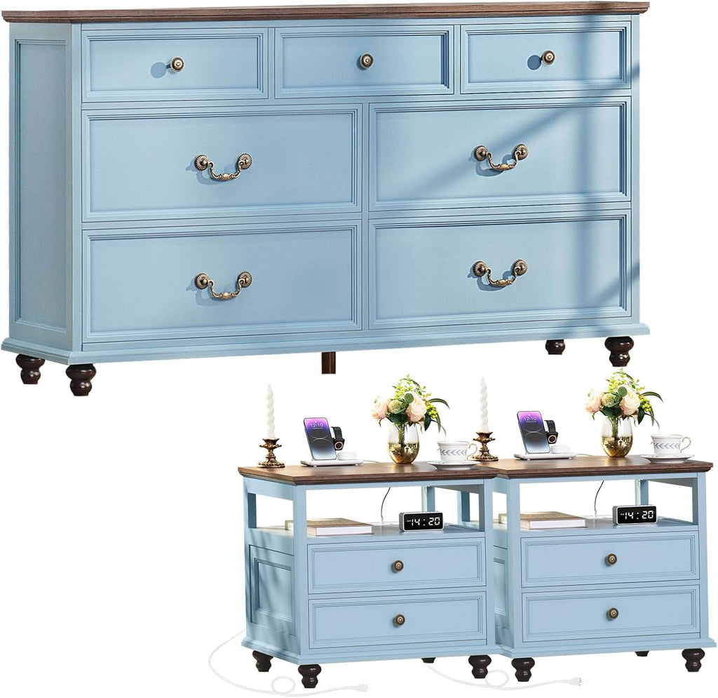 Joaxswe Farmhouse Furniture Set, Nightstands Set of 2 and 7 Drawers Dresser for Bedroom, 54 Inch Wide Wood Dresser and 24' Night Stands with Charging Station for Bedroom, Living Room, Hallway