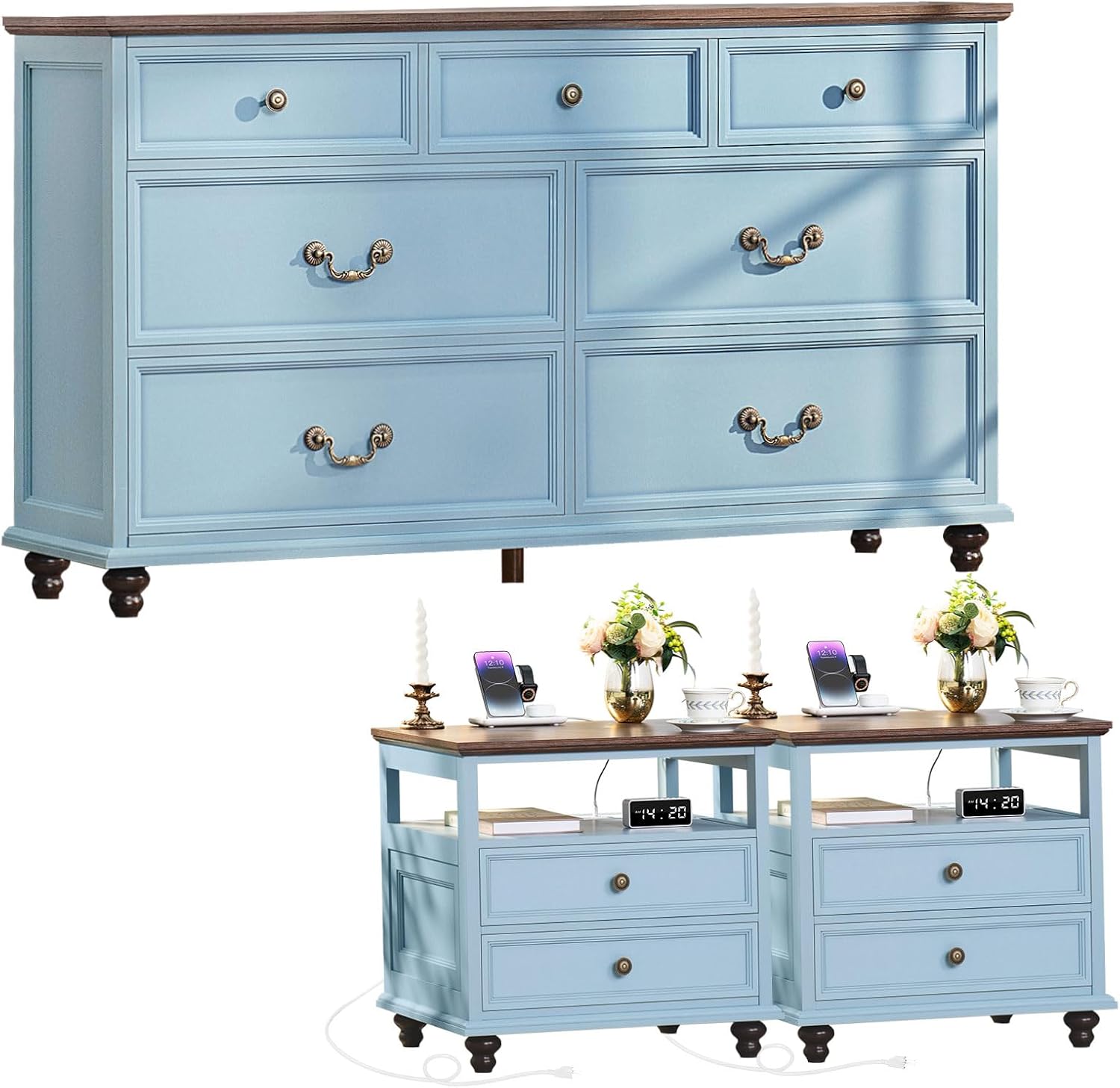 Joaxswe Farmhouse Furniture Set, Nightstands Set of 2 and 7 Drawers Dresser for Bedroom, 54 Inch Wide Wood Dresser and 24' Night Stands with Charging Station for Bedroom, Living Room, Hallway