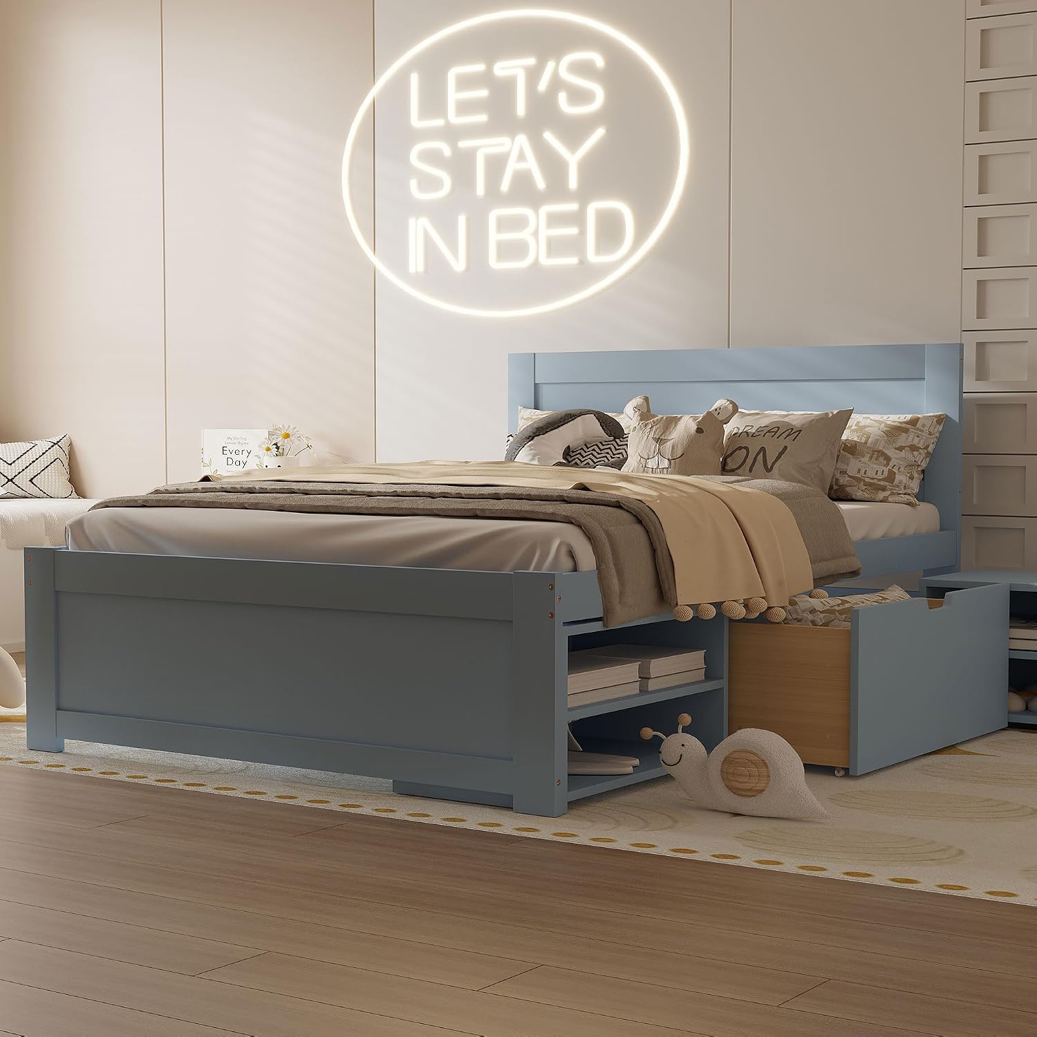 Wood Full Size Platform Bed with Storage Drawer and Removable Bedside Table, Modern Captain's Bed Frame with Shelves, Sturdy Slat Support, No Box Spring Required (Gray-9.29)