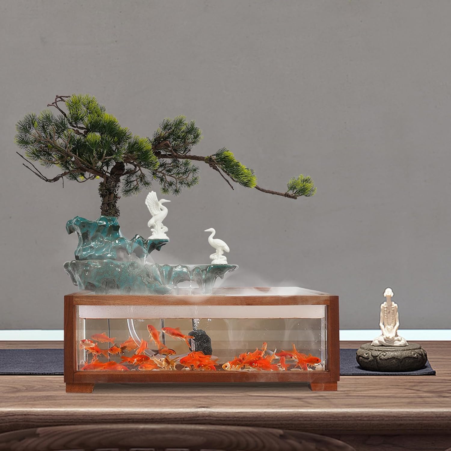 Tabletop Water Fountains Indoor Waterfall with Mist Fake Plants for Feng Shui Wealth Boom Desk Fountain with Fish Tank Pump Atomizer for Meditation in Living Room Bedroom Entrance Yoga Room