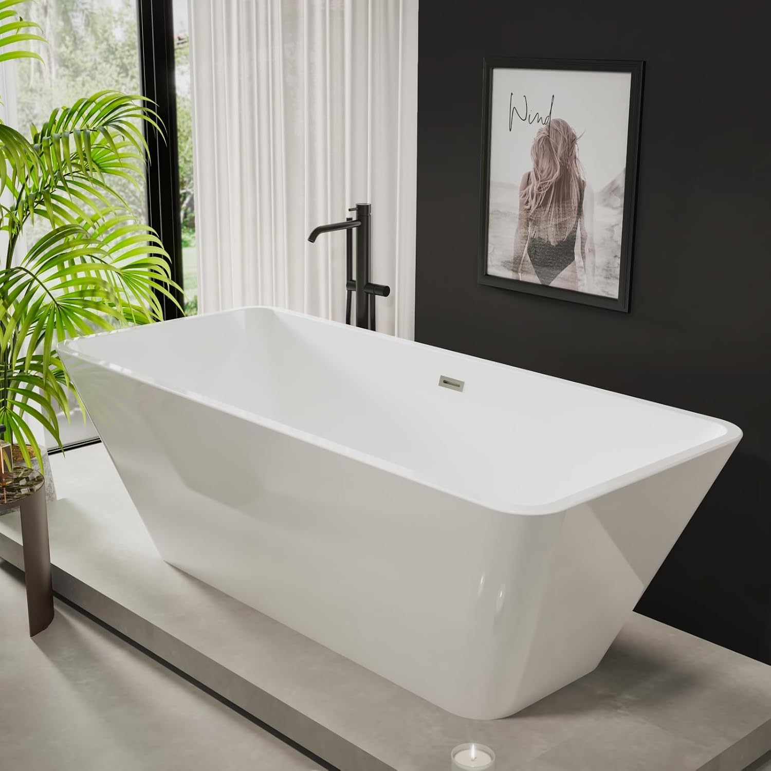 66 Inch Freestanding Bathtub Acrylic Deep Soaking Tub with Overflow & Chrome Drain, Glossy White Modern Design for Bathroom Remodel, Easy Install Home Spa