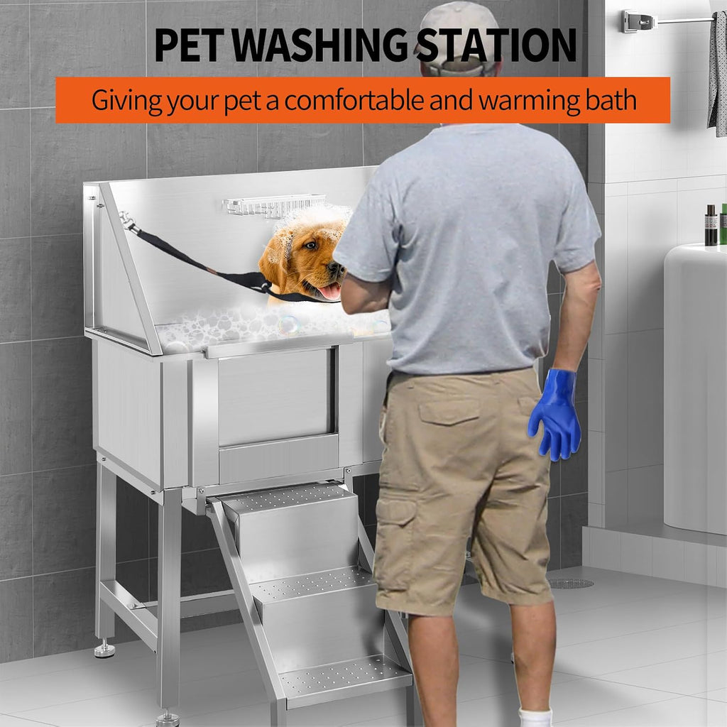 Dog Grooming Tub, 38' L Pet Wash Station, Professional Stainless Steel Pet Grooming Tub with Ramp, Faucet, Sprayer, and Drain Kit,L-Door
