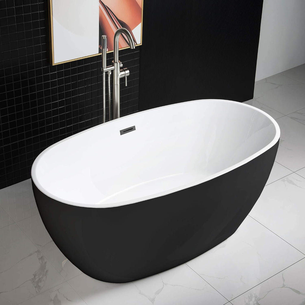 WOODBRIDGE 59' Acrylic Freestanding Bathtub Contemporary Soaking Tub, Black Acrylic (Matte Black Drain/Overflow), B1818 Black -MB-Drain &O