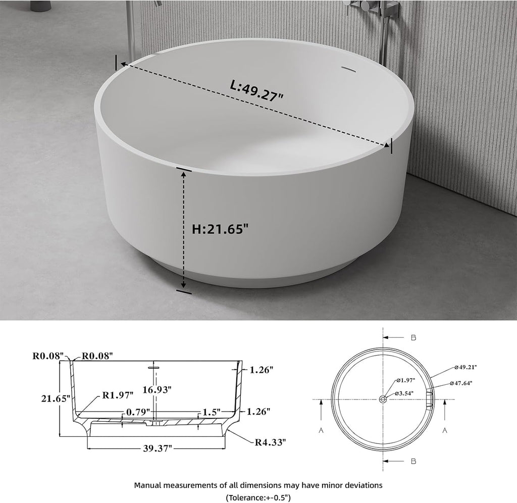 49'' Round Soaking Bathtub Resin Stone Freestanding Bathtub Soaking Deep Tub Solid Surface Bathtub with Overflow and Pop-up drain in White