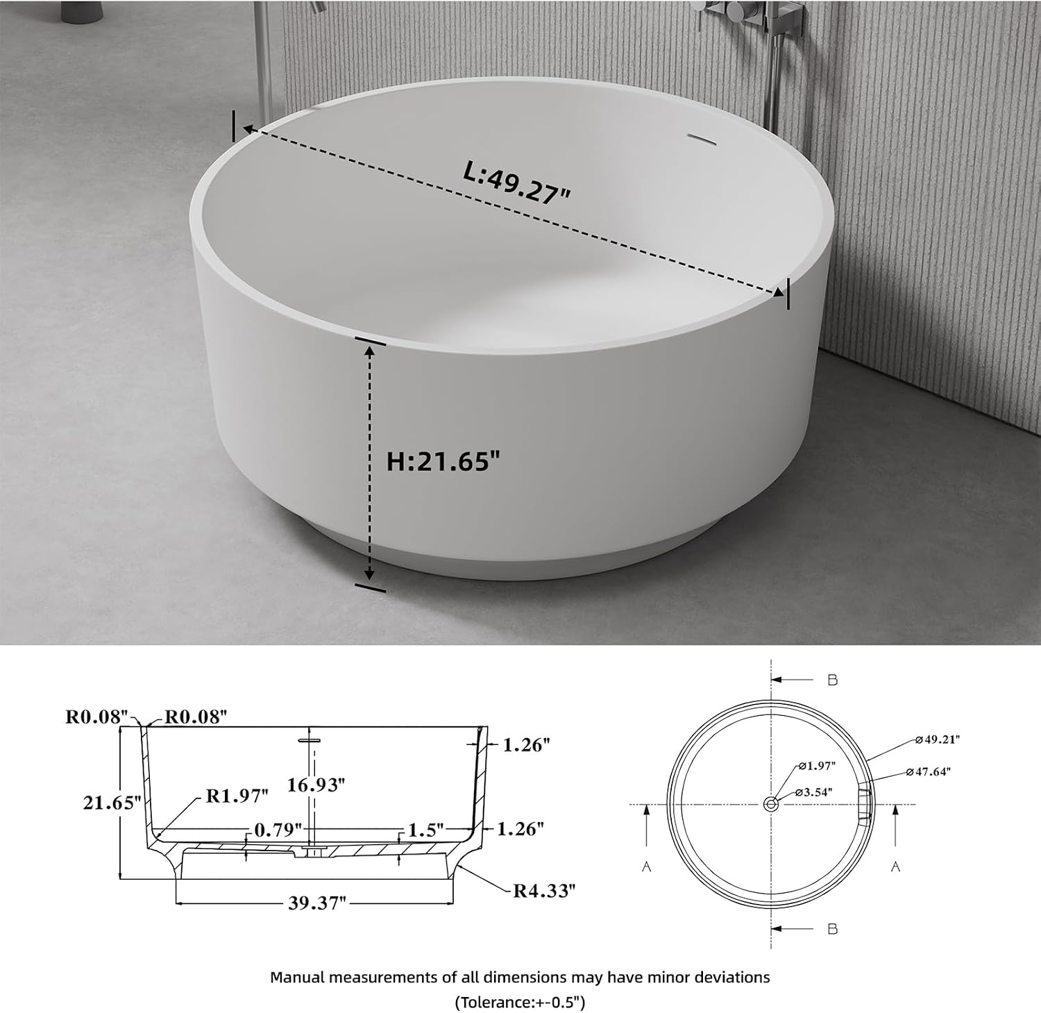 49'' Round Soaking Bathtub Resin Stone Freestanding Bathtub Soaking Deep Tub Solid Surface Bathtub with Overflow and Pop-up drain in White