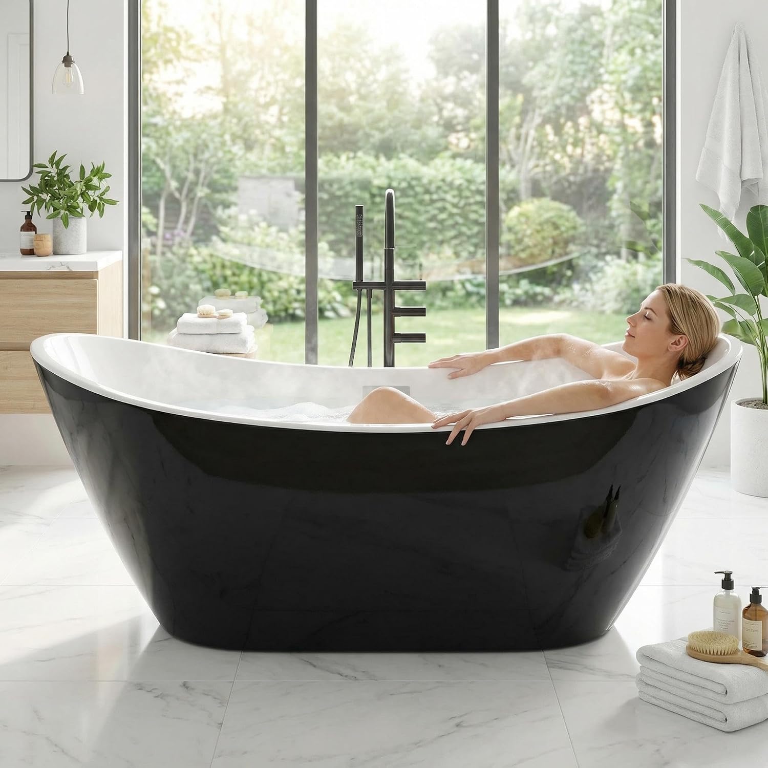 Garvee 59' Acrylic Soaking Bathtub, Deep Modern Tub with Non-Slip Base, CUPC Certified, Space-Saving Bath with Chrome Drain and Overflow, Easy Install for Small Bathrooms, Black