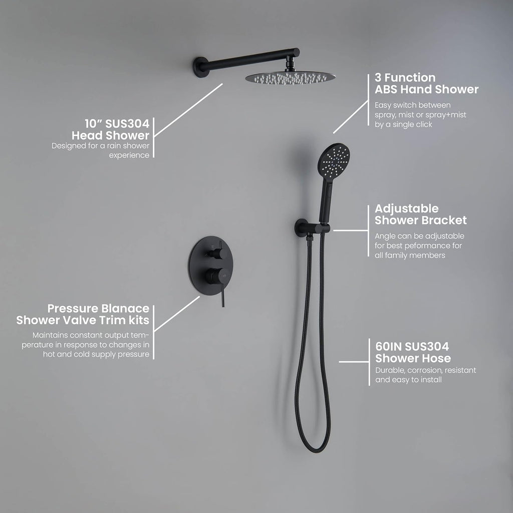 KIBI Shower System with Valve, 2-Function Wall Mounted Bathroom Shower Faucet Set – Solid Brass Pressure Balanced Shower System with Handheld Spray & High Flow Shower Head, Matte Black (KSF403)