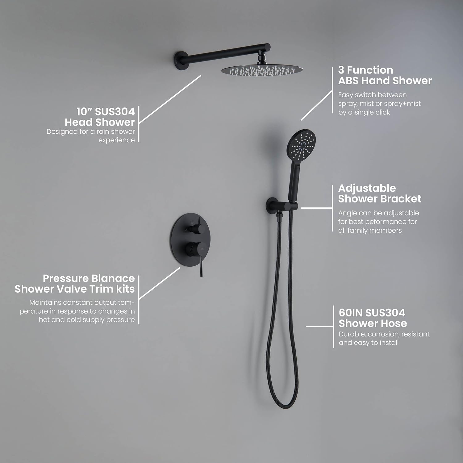 KIBI Shower System with Valve, 2-Function Wall Mounted Bathroom Shower Faucet Set – Solid Brass Pressure Balanced Shower System with Handheld Spray & High Flow Shower Head, Matte Black (KSF403)