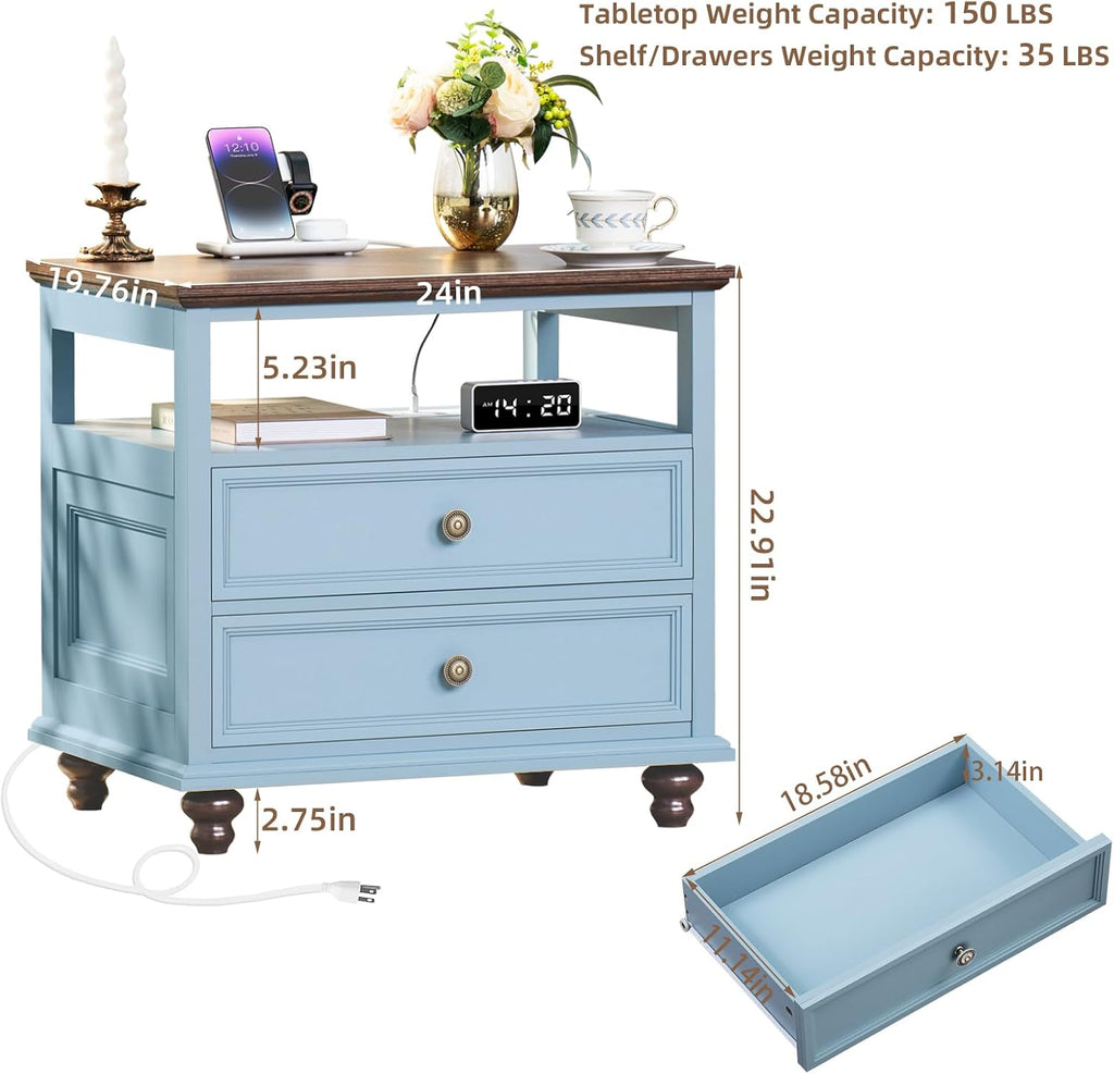 Joaxswe Farmhouse Furniture Set, Nightstands Set of 2 and 7 Drawers Dresser for Bedroom, 54 Inch Wide Wood Dresser and 24' Night Stands with Charging Station for Bedroom, Living Room, Hallway