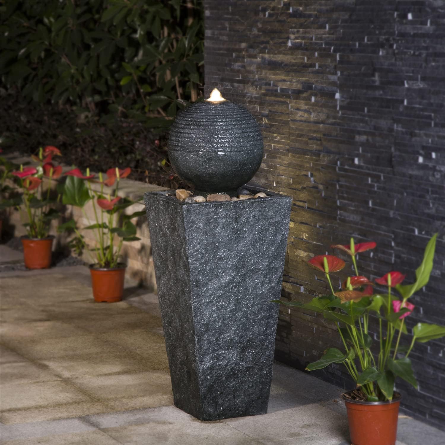 Glitzhome Outdoor Water Fountain with LED Light, Decorative Sphere Pedestal Outdoor Fountain with Submersible Pump, Vintage Waterfall Fountains for Garden Patio Deck Porch, 31.69'H