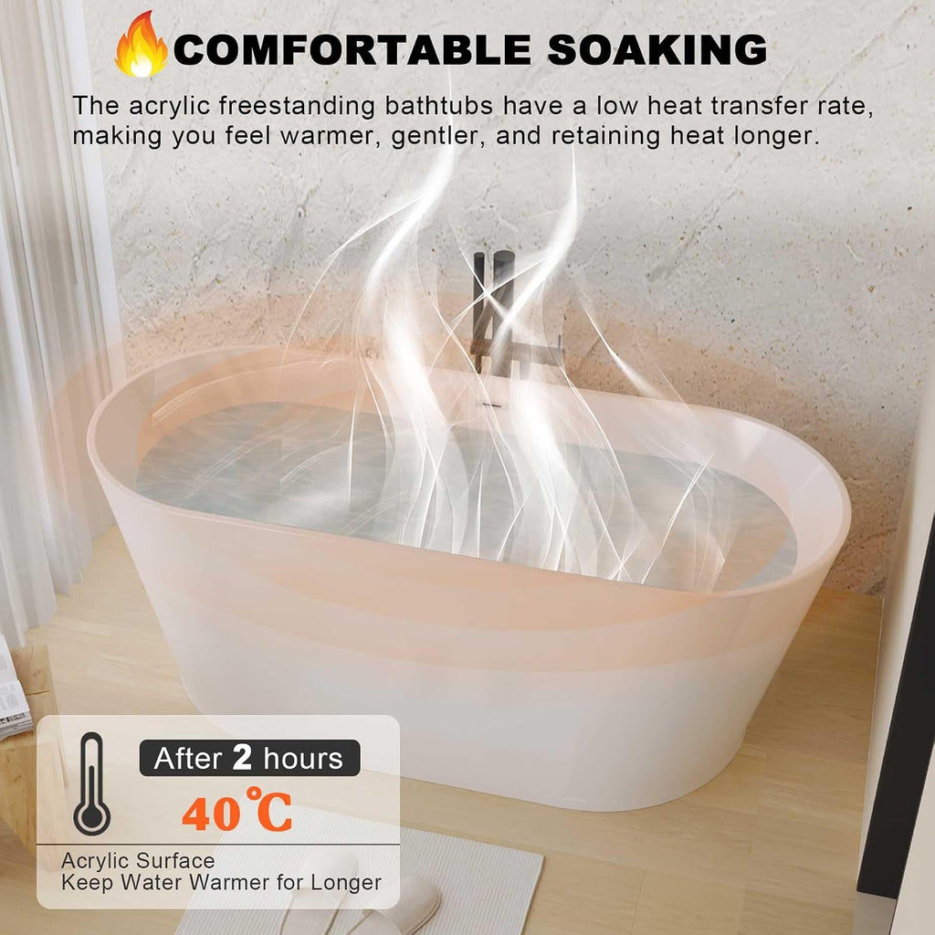 55' Oval Freestanding Soaking Bathtub with Toe-Tap Chrome Drain, Stand Alone Tub, Acrylic Soaking Tub, Ergonomic (Gloss White, 55')