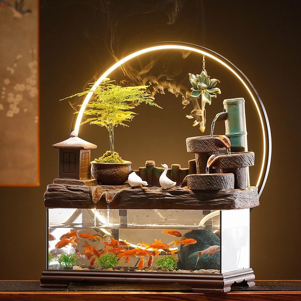 GUERNSEY Tabletop Fountain Chinese Style Glass Fish Tank Desktop Fountain Ornaments Creative Simple Water Circulation Desktop Decorations Indoor Waterfall Feature Indoor Fountain