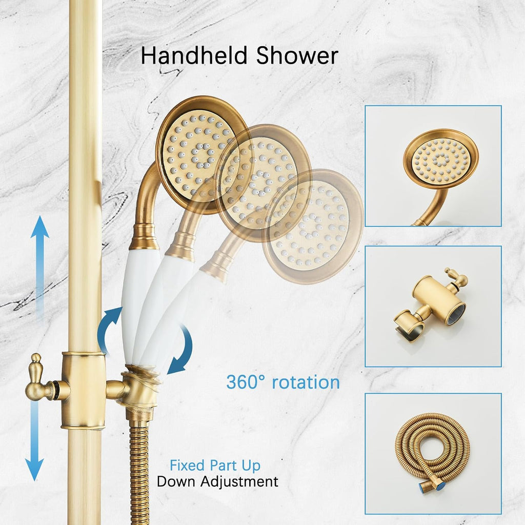Antique Brass Shower System Bathroom Shower Faucet Set with 8 Inch Shower Head Handheld Spray and 360 ° Rotation Tub Spout 2 Cross Handles Outdoor Shower Fixtures