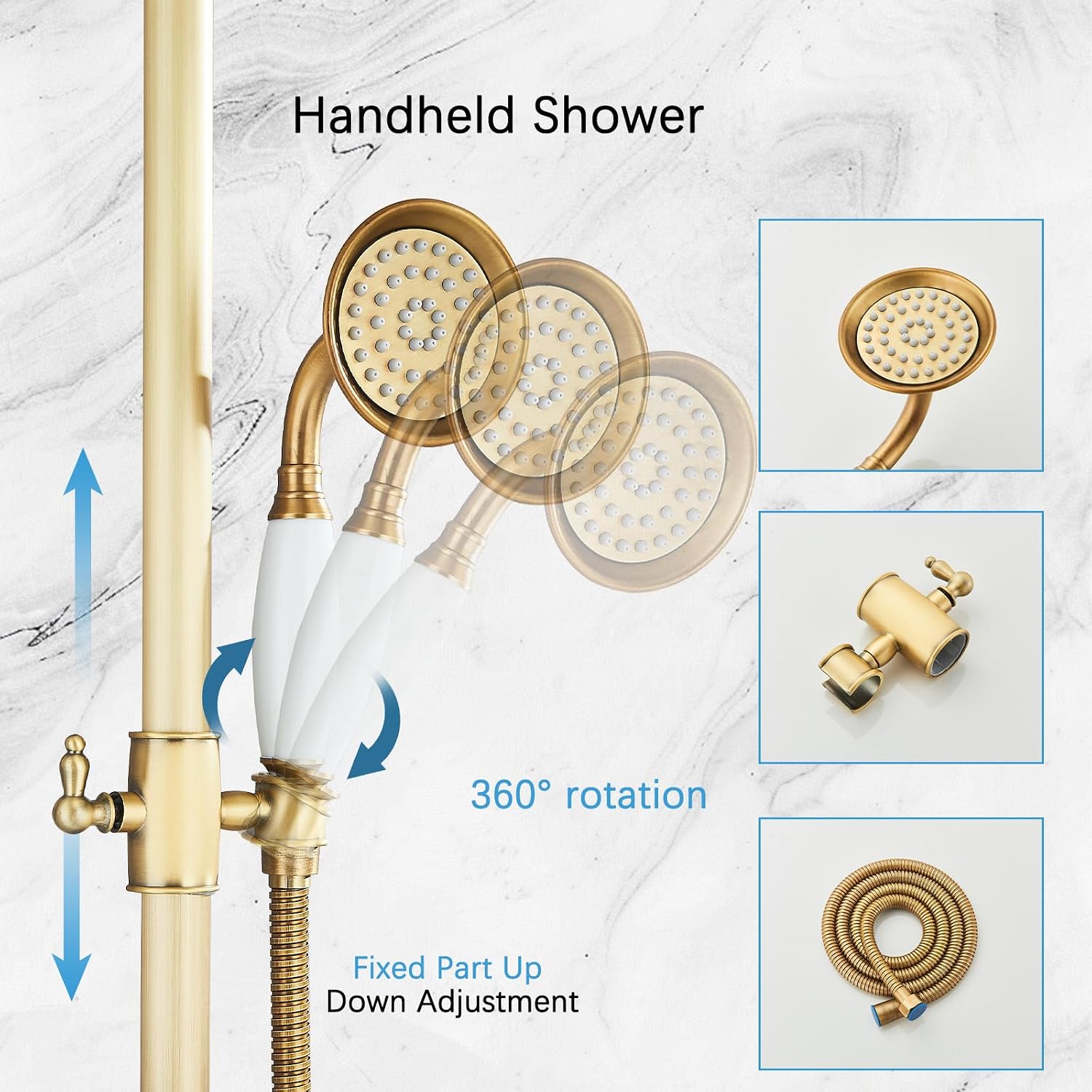 Antique Brass Shower System Bathroom Shower Faucet Set with 8 Inch Shower Head Handheld Spray and 360 ° Rotation Tub Spout 2 Cross Handles Outdoor Shower Fixtures