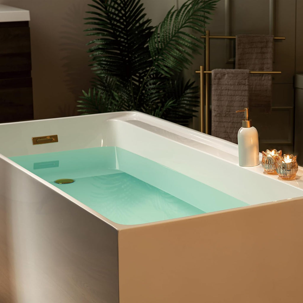 WOODBRIDGE 59' L x 29-1/2' W Freestanding Contemporary Soaking Bathtub with Brushed Gold Drain & Overflow, White, B5910-BG