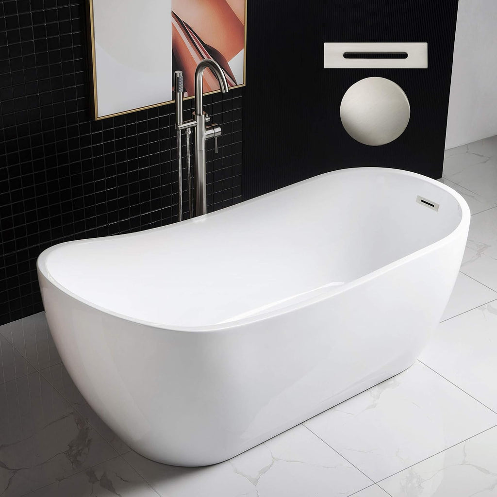 WOODBRIDGE 67' Acrylic Freestanding Bathtub Contemporary Soaking Tub, White Acrylic (Brushed Nickel Drain/Overflow),B-0001 -B/N-Drain &O