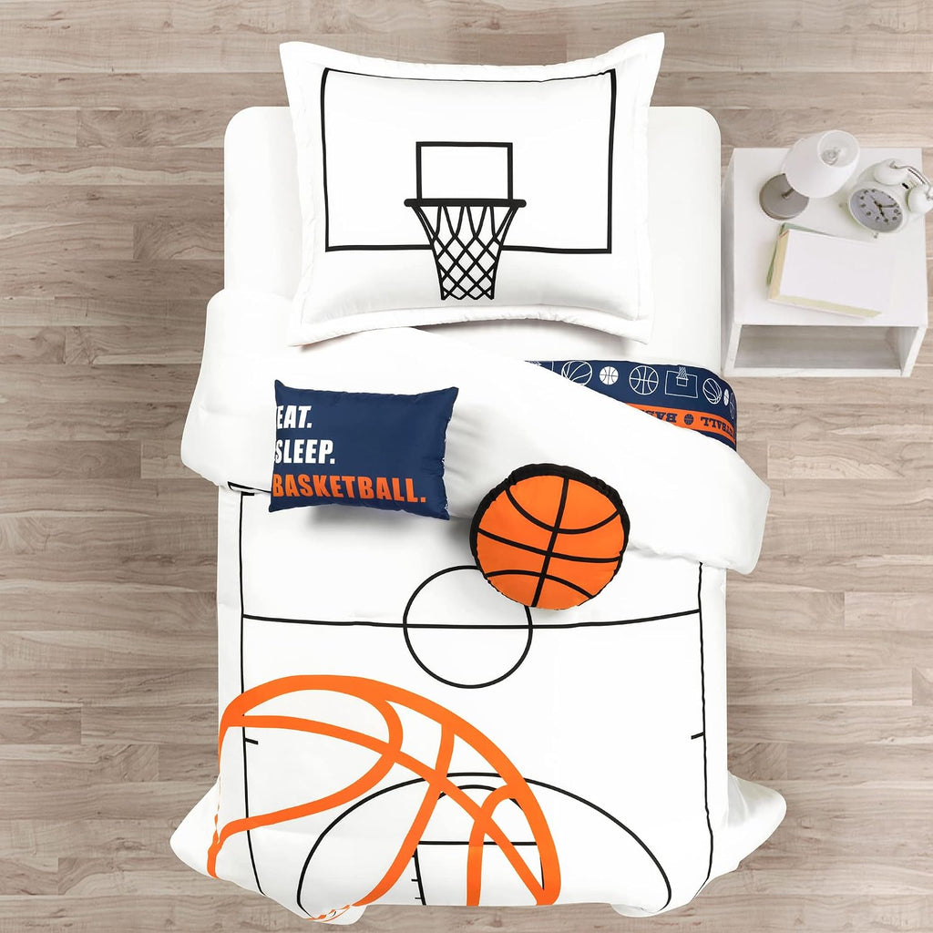 Lush Decor Basketball Game Reversible Comforter Twin Size 4 Piece Set, White & Navy - Kids Comforter Set - Basketball Comforters - Sports Decor
