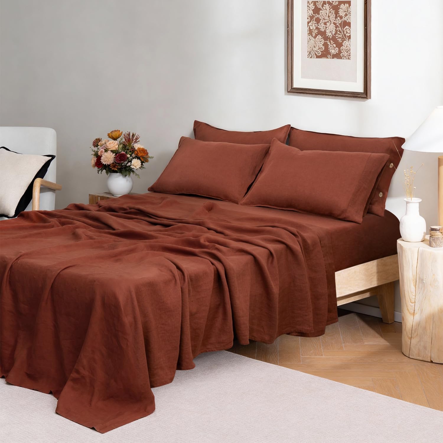 S VICTORY SYMBOL 100% Organic Linen Sheets Set Queen Size 4 Pieces(1 Flat Sheet & 1 Fitted Sheet & 2 Pillowcase) Natural Flax Bedding,GOTS Certified,16inch Deep Pocket Sheet,Burgundy