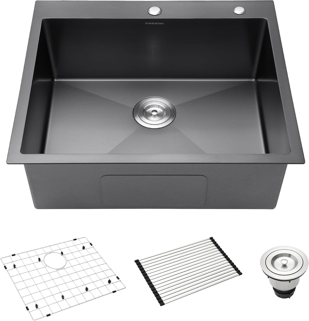 Drop-In Deep Laundry Sink 25 x 22 inch Black, SINKVINE Single Bowl Nano Stainless Steel Kitchen Sink for Outdoor and Indoor Top Mount, with Drain Strainer, Bottom Grid, Roll-up Drying Unit, Dark Gray