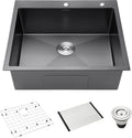 Drop-In Deep Laundry Sink 25 x 22 inch Black, SINKVINE Single Bowl Nano Stainless Steel Kitchen Sink for Outdoor and Indoor Top Mount, with Drain Strainer, Bottom Grid, Roll-up Drying Unit, Dark Gray