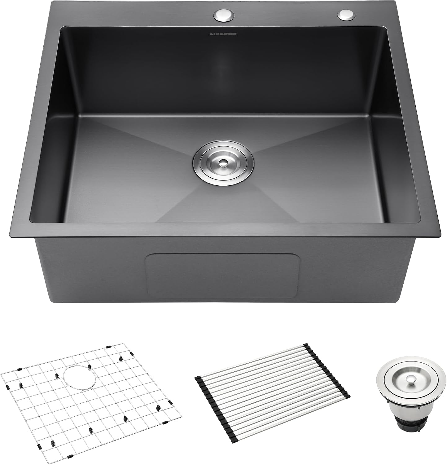 Drop-In Deep Laundry Sink 25 x 22 inch Black, SINKVINE Single Bowl Nano Stainless Steel Kitchen Sink for Outdoor and Indoor Top Mount, with Drain Strainer, Bottom Grid, Roll-up Drying Unit, Dark Gray