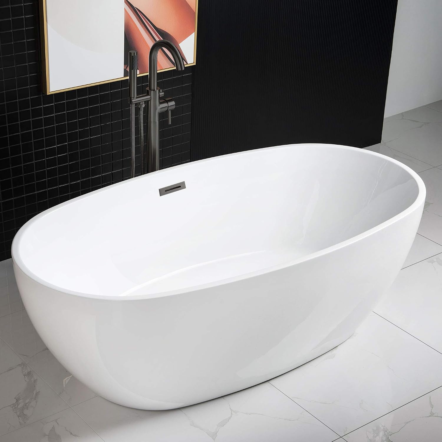 WOODBRIDGE 67' Acrylic Freestanding Bathtub Contemporary Soaking White Tub with Matte Black Overflow and Drain， B0028 -MB-Drain &O