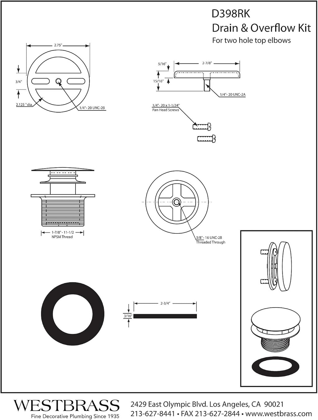 Westbrass D398RK-50-20 1-1/2' NPSM Coarse Thread Mushroom Tip-Toe Bathtub Drain Stopper with Illusionary Overflow Faceplate, Stainless Steel (50-Pack)