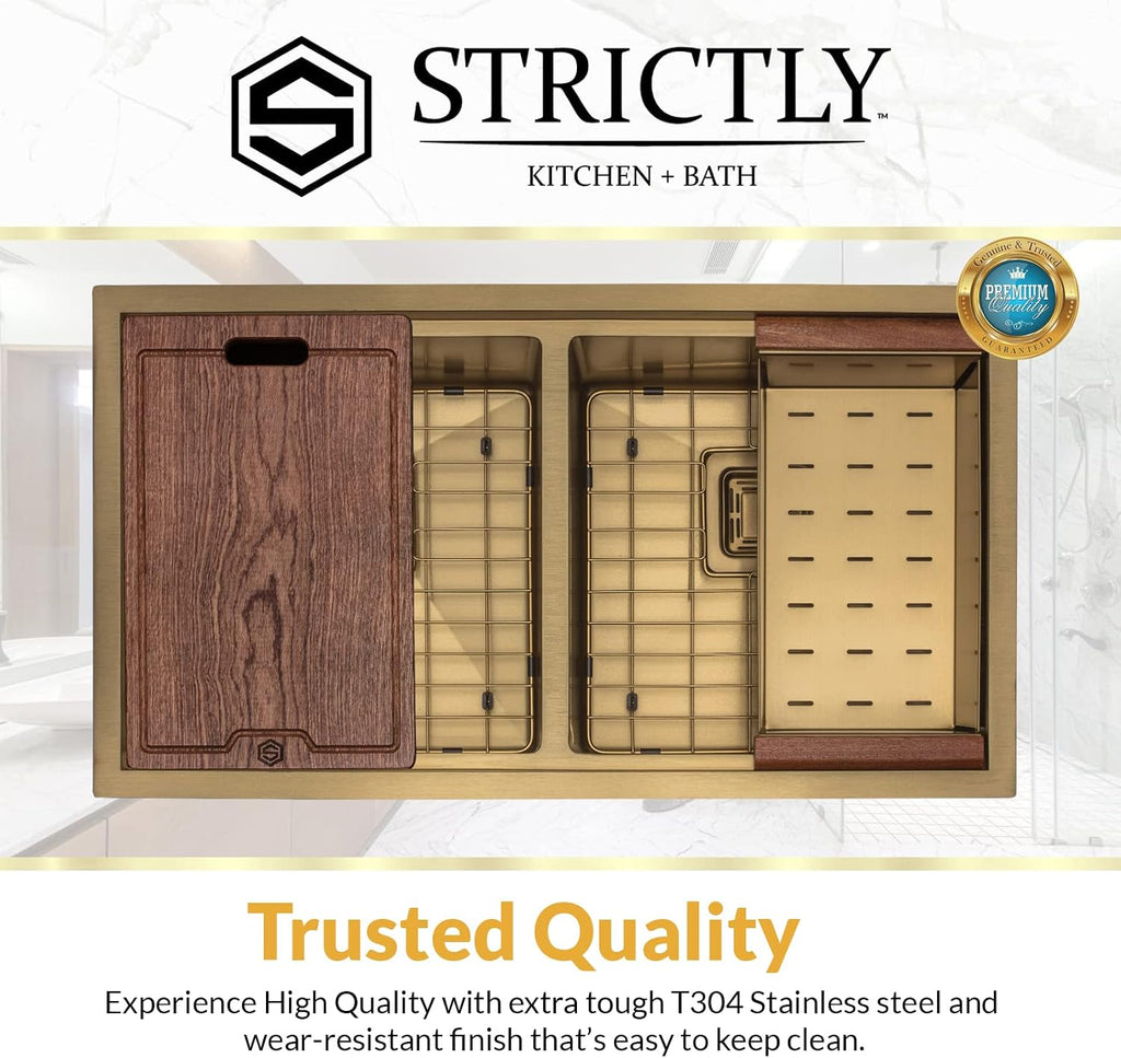 Strictly Sinks 32' Gold Undermount Workstation Kitchen Sink– Scratch and Stain Resistant –16 Gauge Double Bowl Bottom Grid, Wooden Cutting Board, Colander 1 Disposal Adapter & 2 Strainer Drains