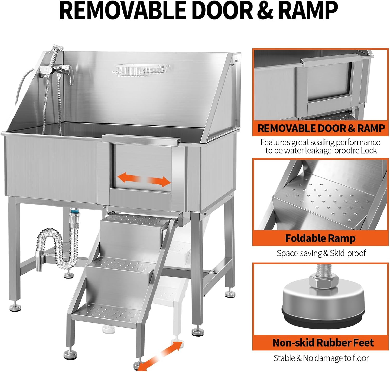 Dog Grooming Tub, 38' L Pet Wash Station, Professional Stainless Steel Pet Grooming Tub with Ramp, Faucet, Sprayer, and Drain Kit,R-Door