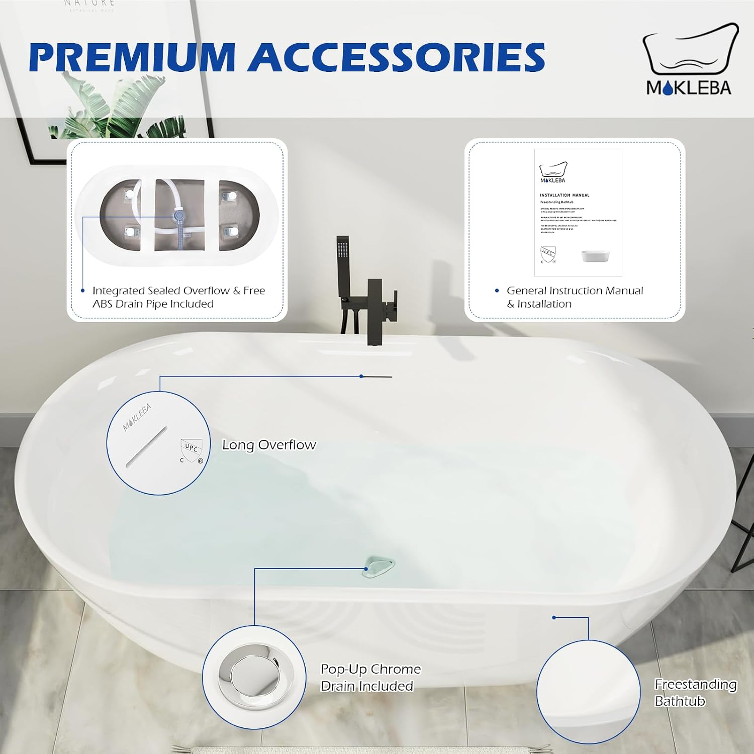 67' Acrylic Freestanding Bathtub, Elegant Oval Free Standing Tub, Soaking Tub with Integrated Slotted Overflow, Toe-Tap Chrome Drain, cUPC Certified, Glossy White