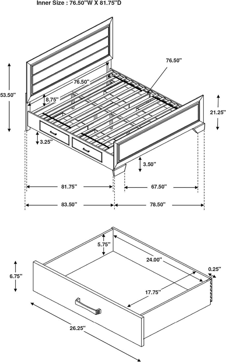 Coaster Home Furnishings Kauffman Transitional 4-Piece Bedroom Set Eastern King Size Storage Panel Bed Frame 54-inch Headboard Dark Cocoa 204390KE-S4