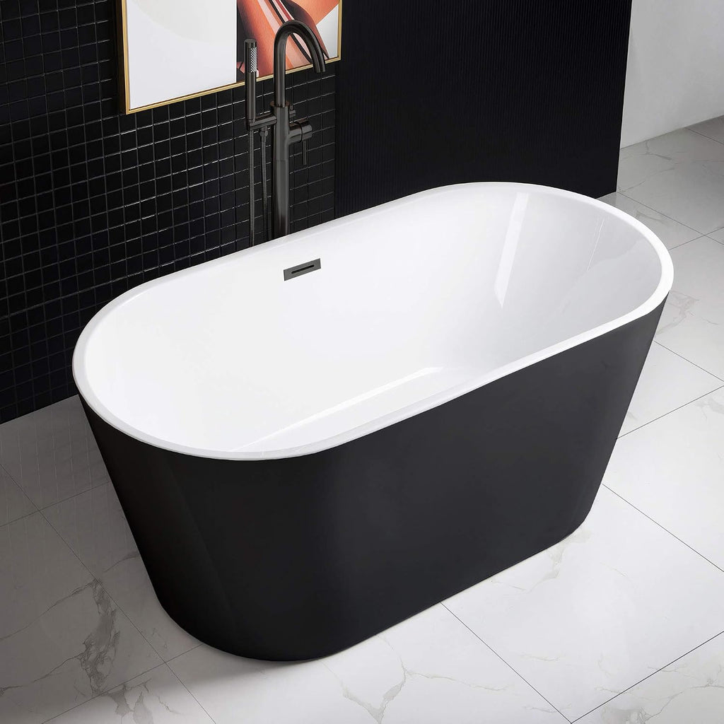 WOODBRIDGE 59' Acrylic Freestanding Bathtub Contemporary Soaking Tub with Matte Black Overflow and Drain,Black