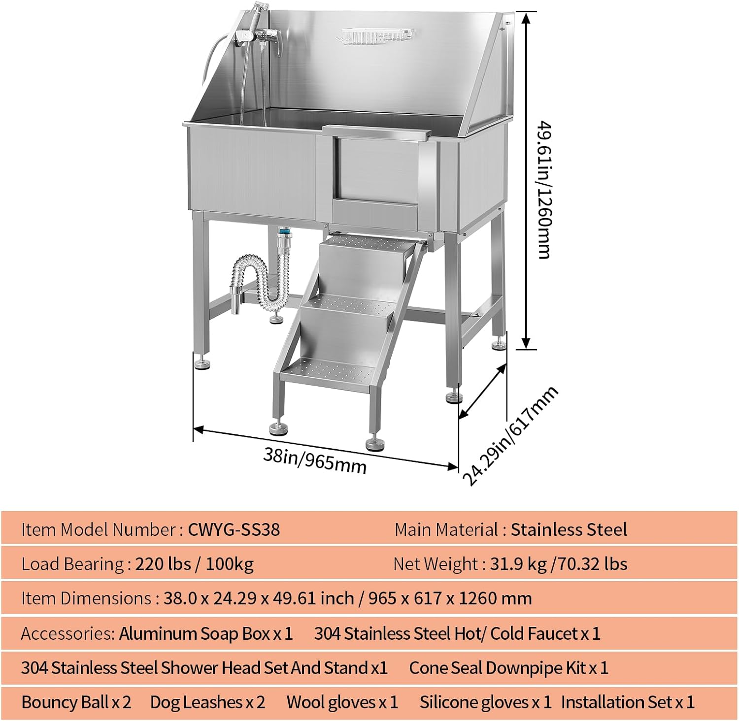 Dog Grooming Tub, 38' L Pet Wash Station, Professional Stainless Steel Pet Grooming Tub with Ramp, Faucet, Sprayer, and Drain Kit,R-Door