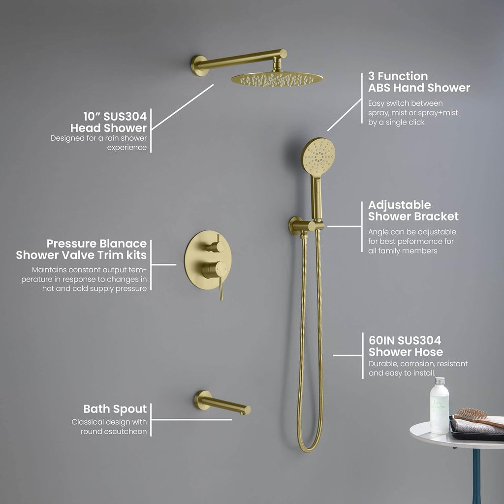 KIBI Circular Bathroom Shower System | 3-Function Wall Mounted Shower Faucet Set with Solid Brass Pressure Balanced Valve | Three Hand Shower Modes | 15-inch Long Shower Arm | Brushed Gold (KSF404)