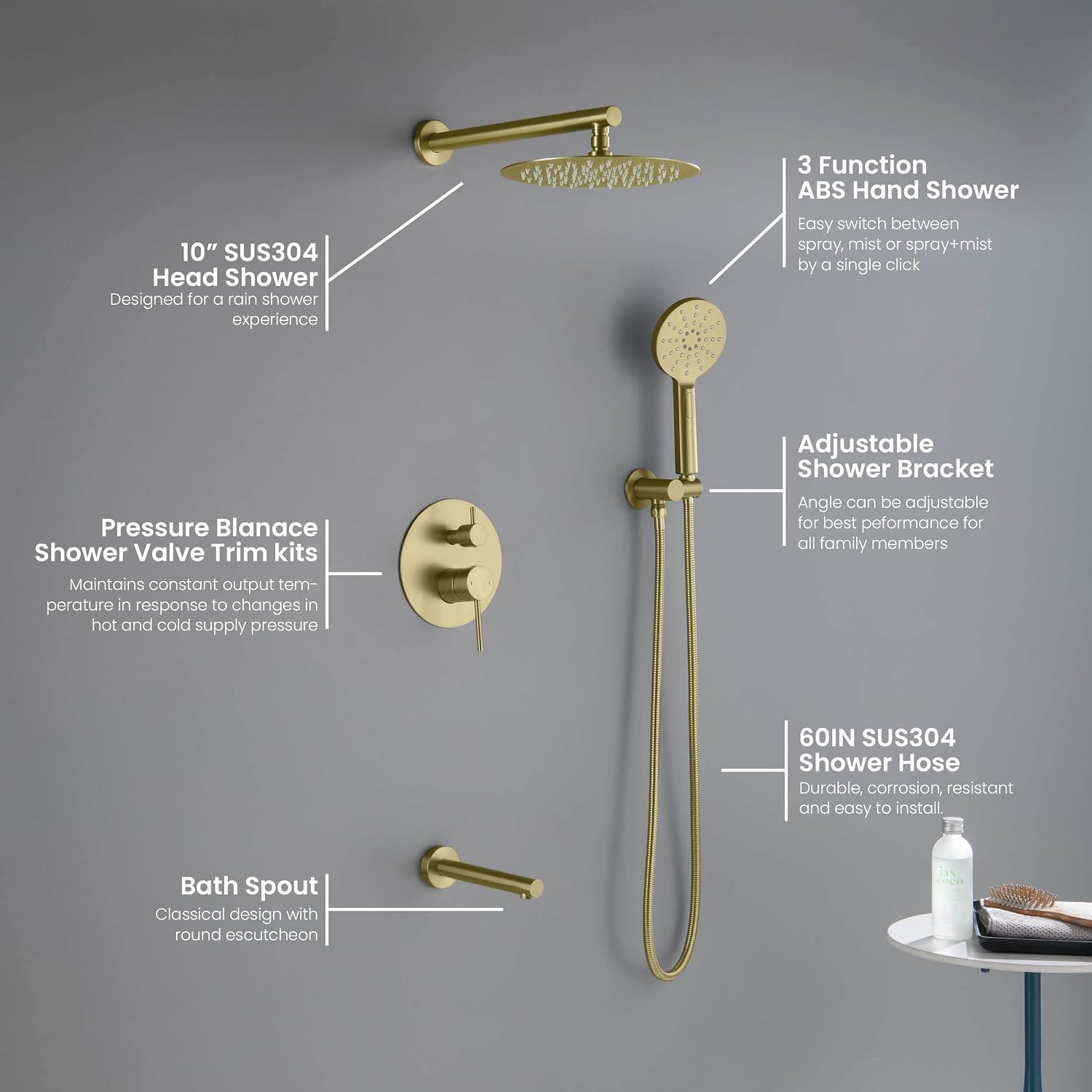 KIBI Circular Bathroom Shower System | 3-Function Wall Mounted Shower Faucet Set with Solid Brass Pressure Balanced Valve | Three Hand Shower Modes | 15-inch Long Shower Arm | Brushed Gold (KSF404)