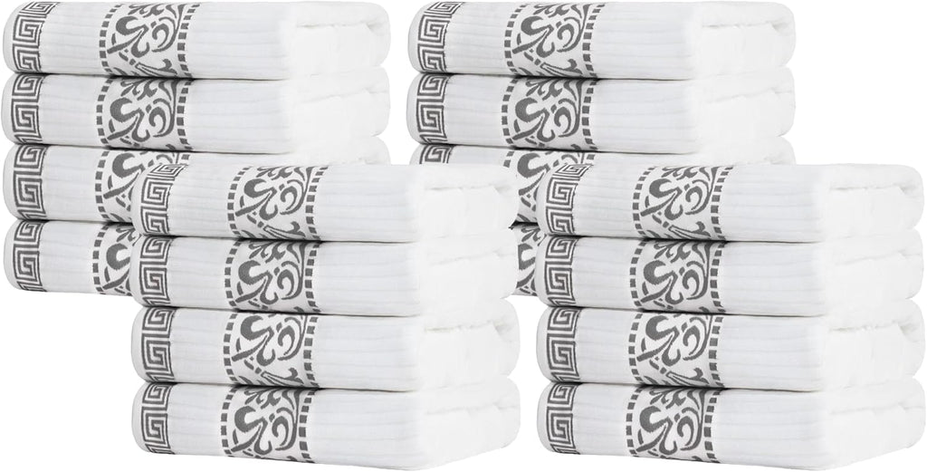 Superior Bath Towel Set, Greek/Floral Decor for Bathroom, Guest Bath, Spa, Resort, Home Essentials, Absorbent Cotton, Adults and Kids, Fast Drying Towels, Athens Collection, Grey (Pack of 16)