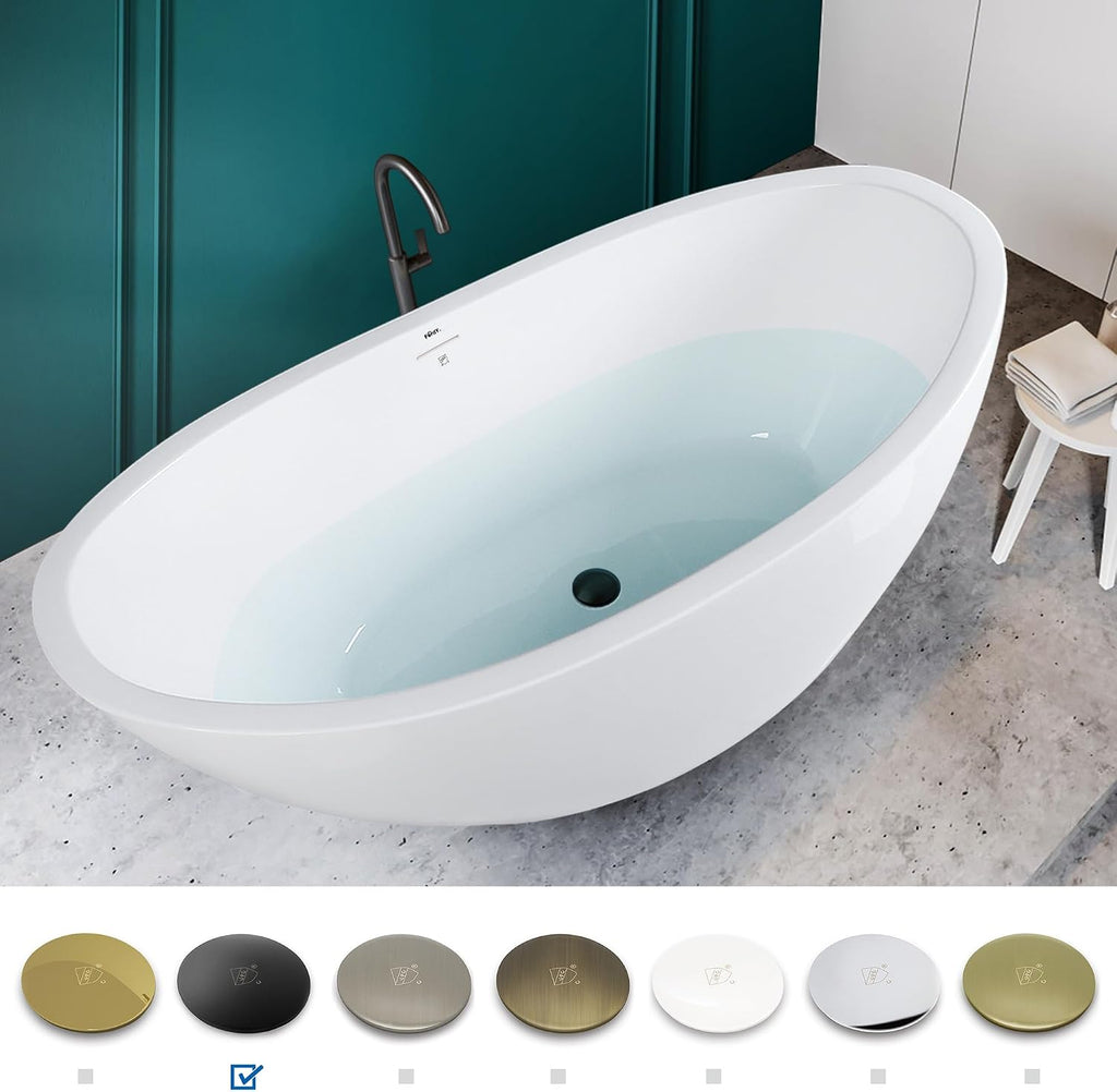 FerdY Naha 59' Acrylic Freestanding Bathtub, Curve Edge Freestanding Soaking Bathtub, Glossy White, cUPC Certified, Matte Black Drain & Matte Black Overflow Included