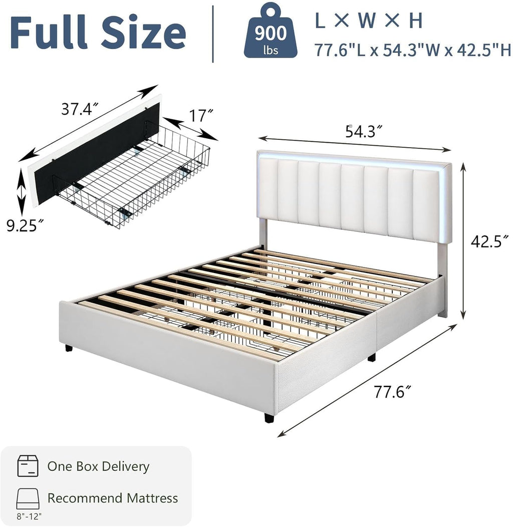IMMERSTABLE Full Size Bed Frame with Headboard and 4 Storage Drawers, Faux Leather Upholstered Platform Bed with LED Lights, Metal and Wood Slats, No Box Spring Needed, Easy Assembly, White